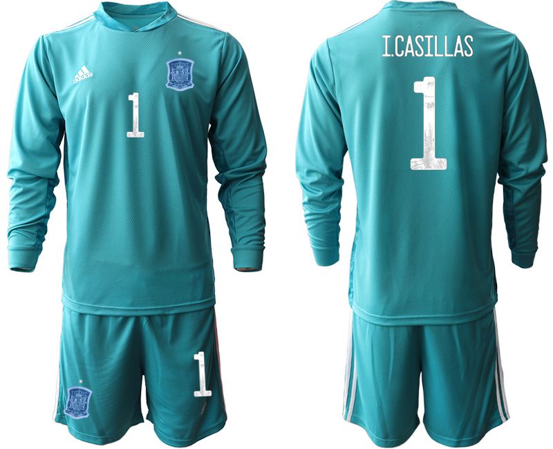 Men 2021 World Cup National Spain lake blue long sleeve goalkeeper #1 Soccer Jerseys1->->Soccer Country Jersey